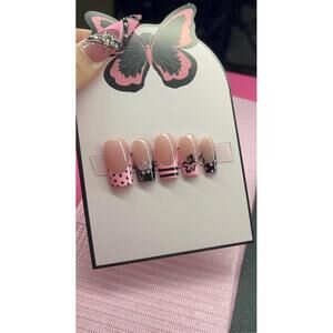 Medium square Press on nails black French tips polka dots flowers handmade gel